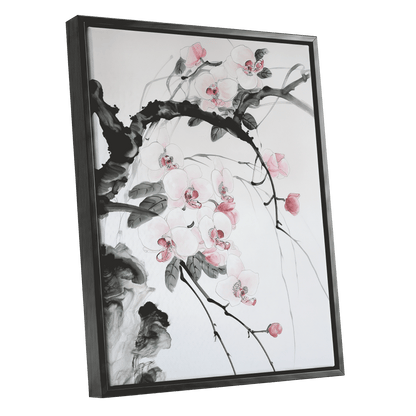 Orchid Drift, white, pink, black floral wall art shown as a black framed canvas wall art