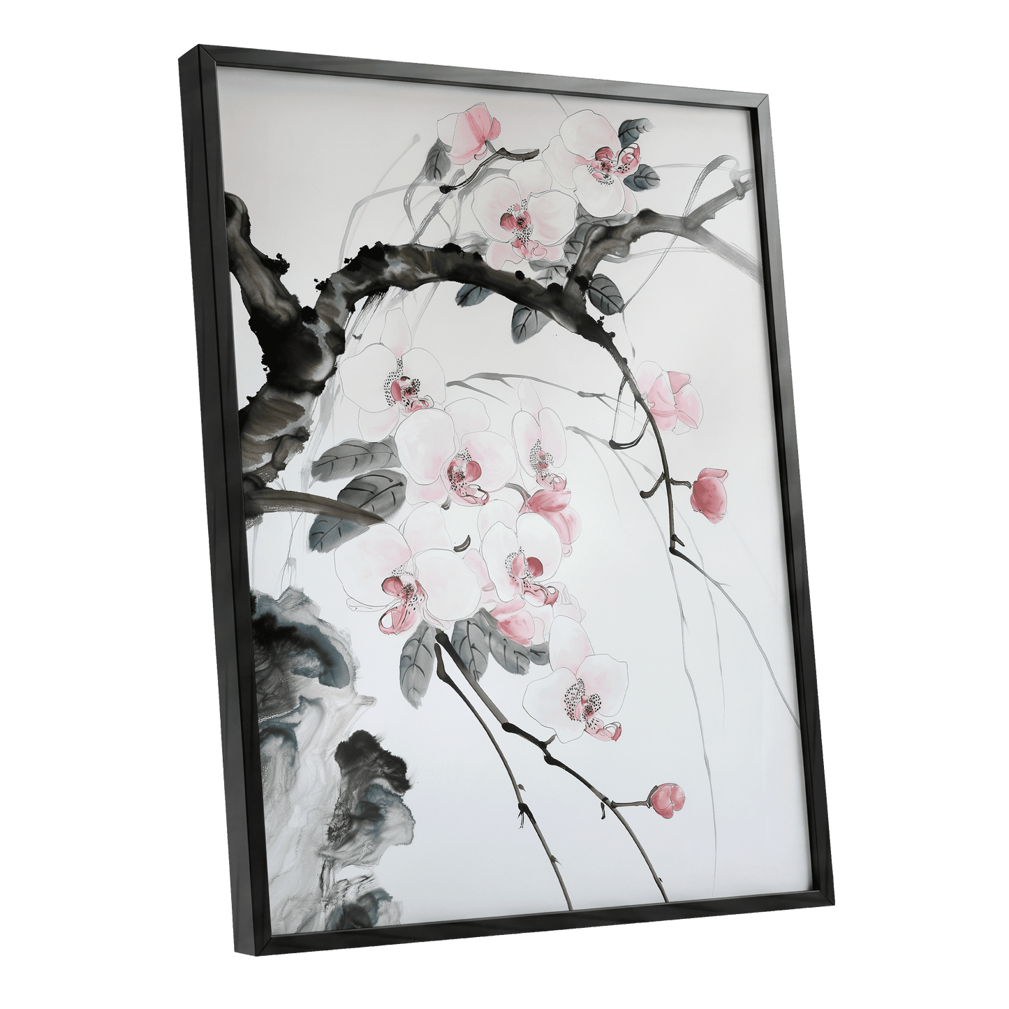 Orchid Drift, white, pink, black floral wall art shown as a black framed poster wall art print