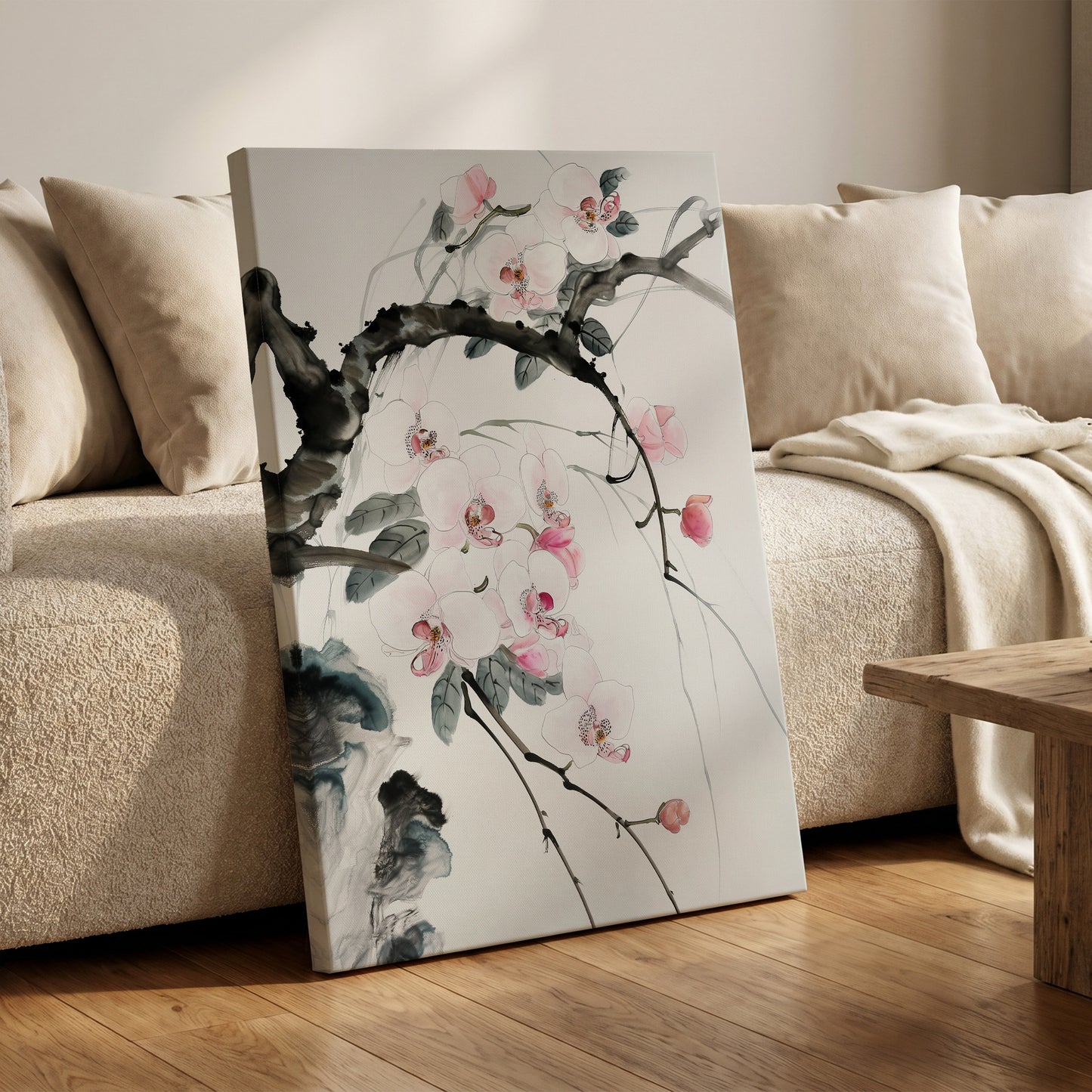 Orchid Drift, white, pink, black floral wall art on canvas displayed in a styled interior, gallery view 1