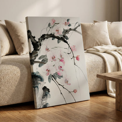 Orchid Drift, white, pink, black floral wall art on canvas displayed in a styled interior, gallery view 1