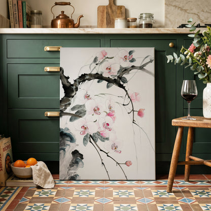 Orchid Drift, white, pink, black floral wall art on canvas displayed in a styled interior, gallery view 2