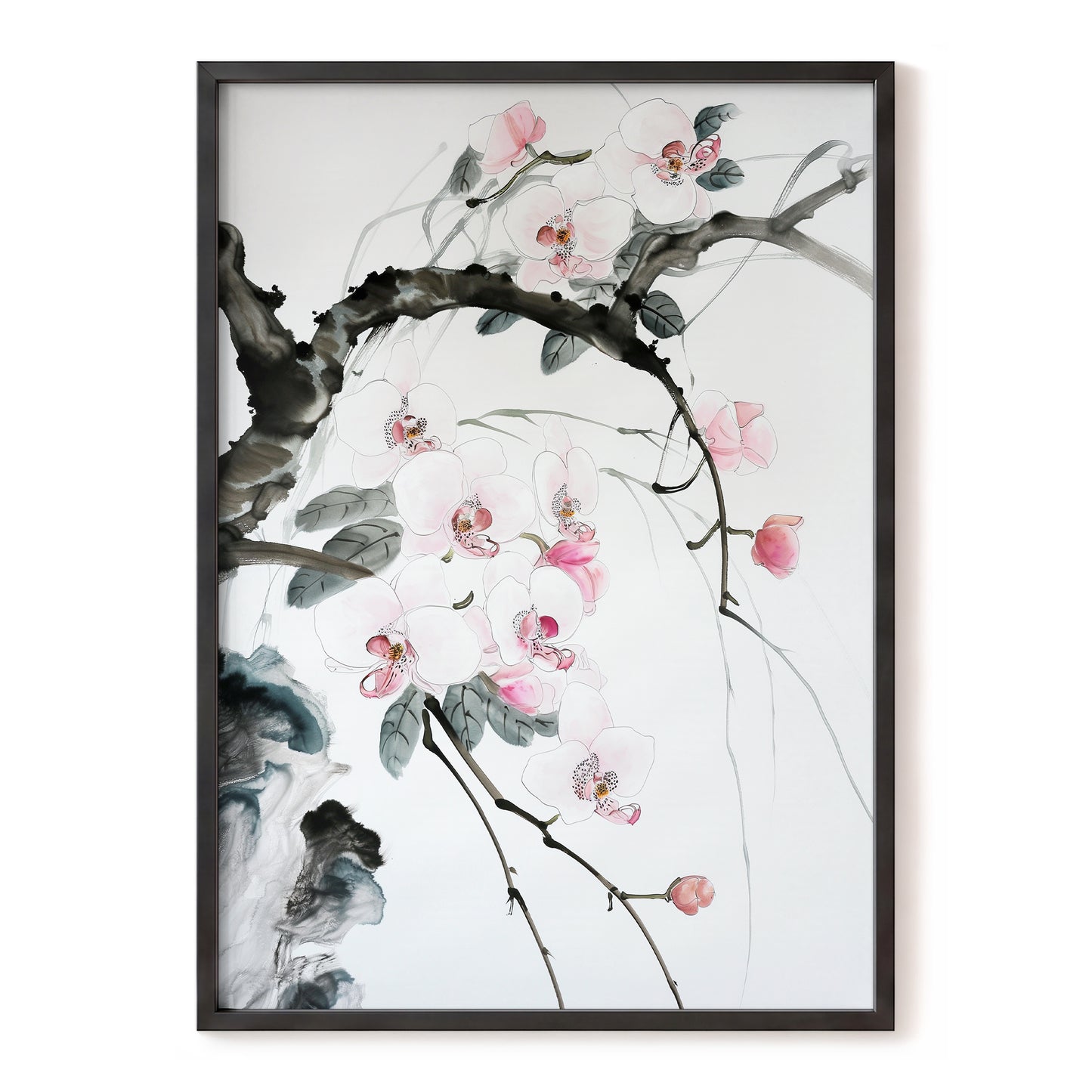 Orchid Drift, white, pink, black floral wall art, front artwork view