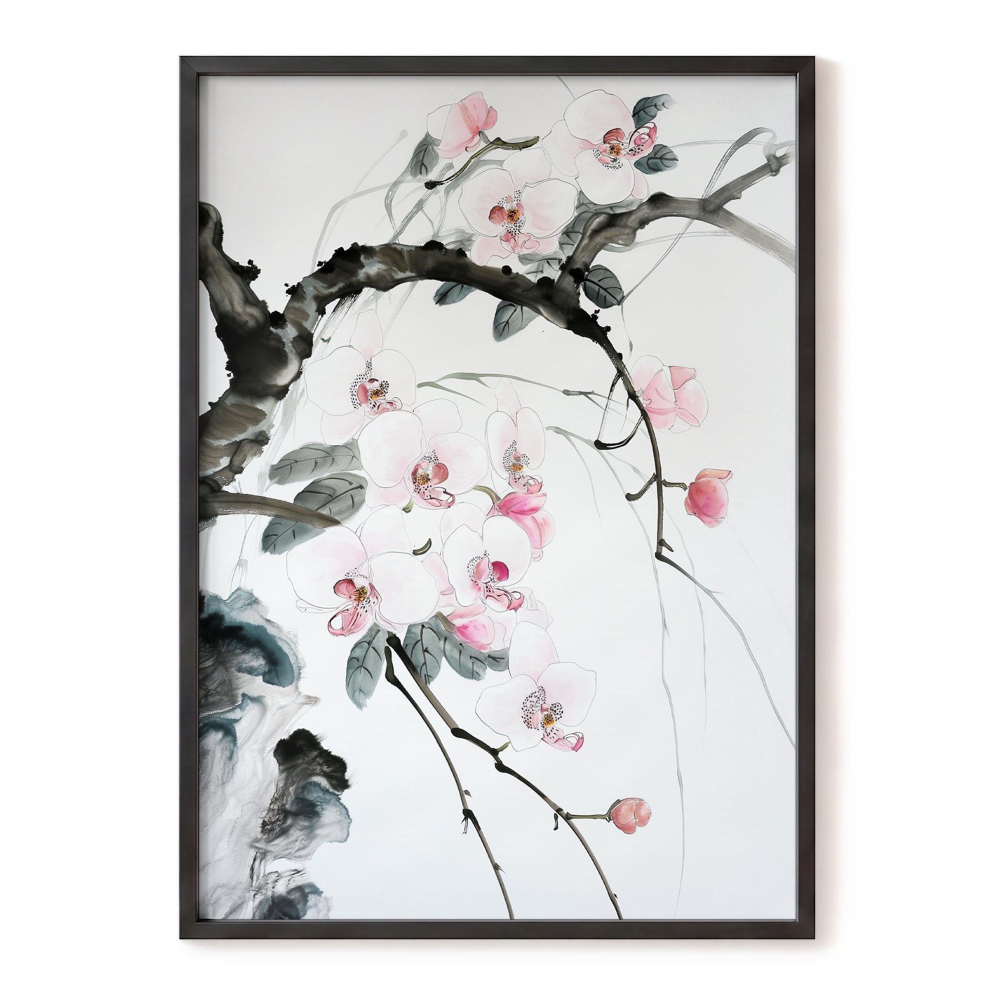 Orchid Drift, white, pink, black floral wall art, front artwork view