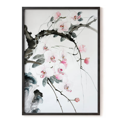 Orchid Drift, white, pink, black floral wall art, front artwork view