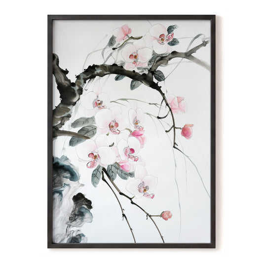 Orchid Drift, white, pink, black floral wall art, front artwork view