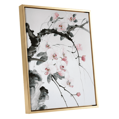 Orchid Drift, white, pink, black floral wall art shown as a gold framed canvas wall art