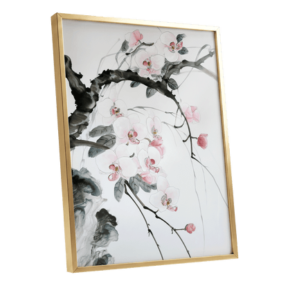 Orchid Drift, white, pink, black floral wall art shown as a gold framed poster wall art print