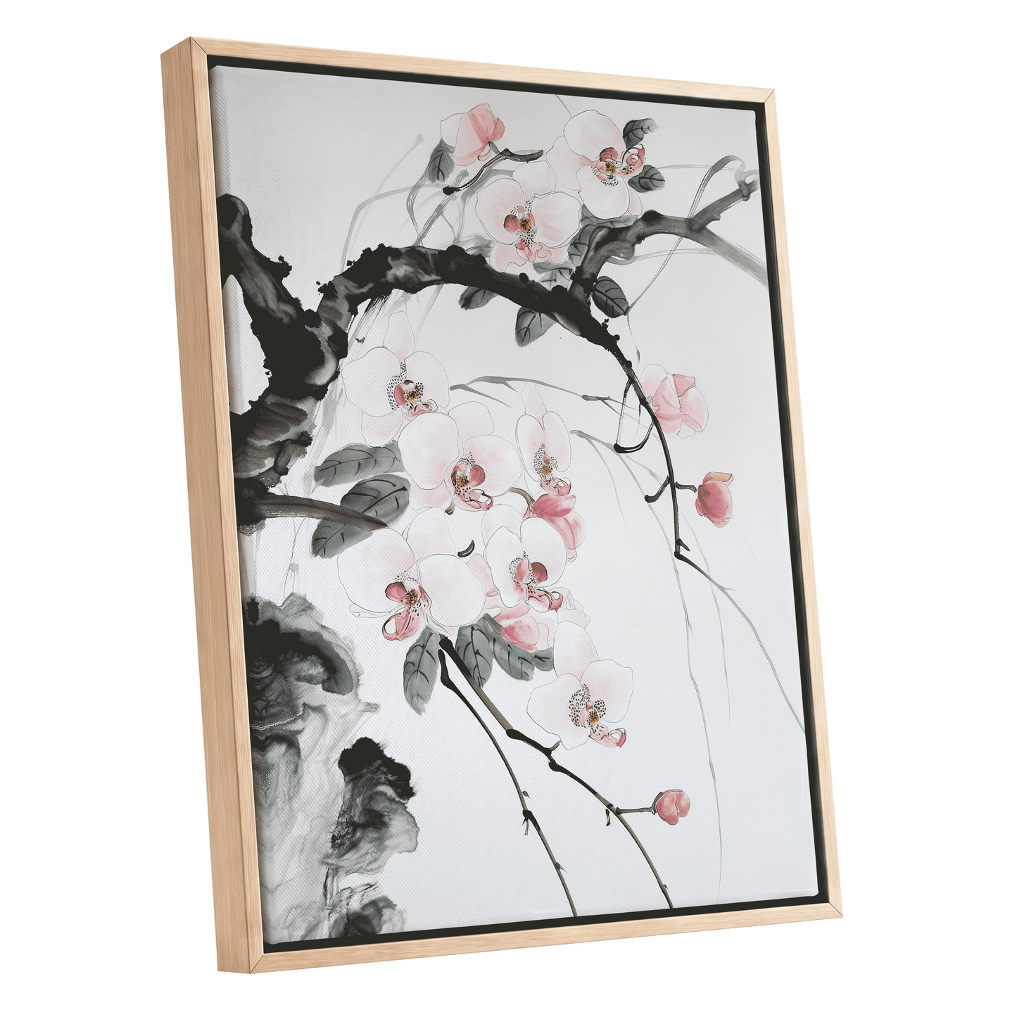 Orchid Drift, white, pink, black floral wall art shown as a oak framed canvas wall art