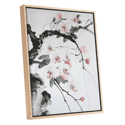 Orchid Drift, white, pink, black floral wall art shown as a oak framed canvas wall art