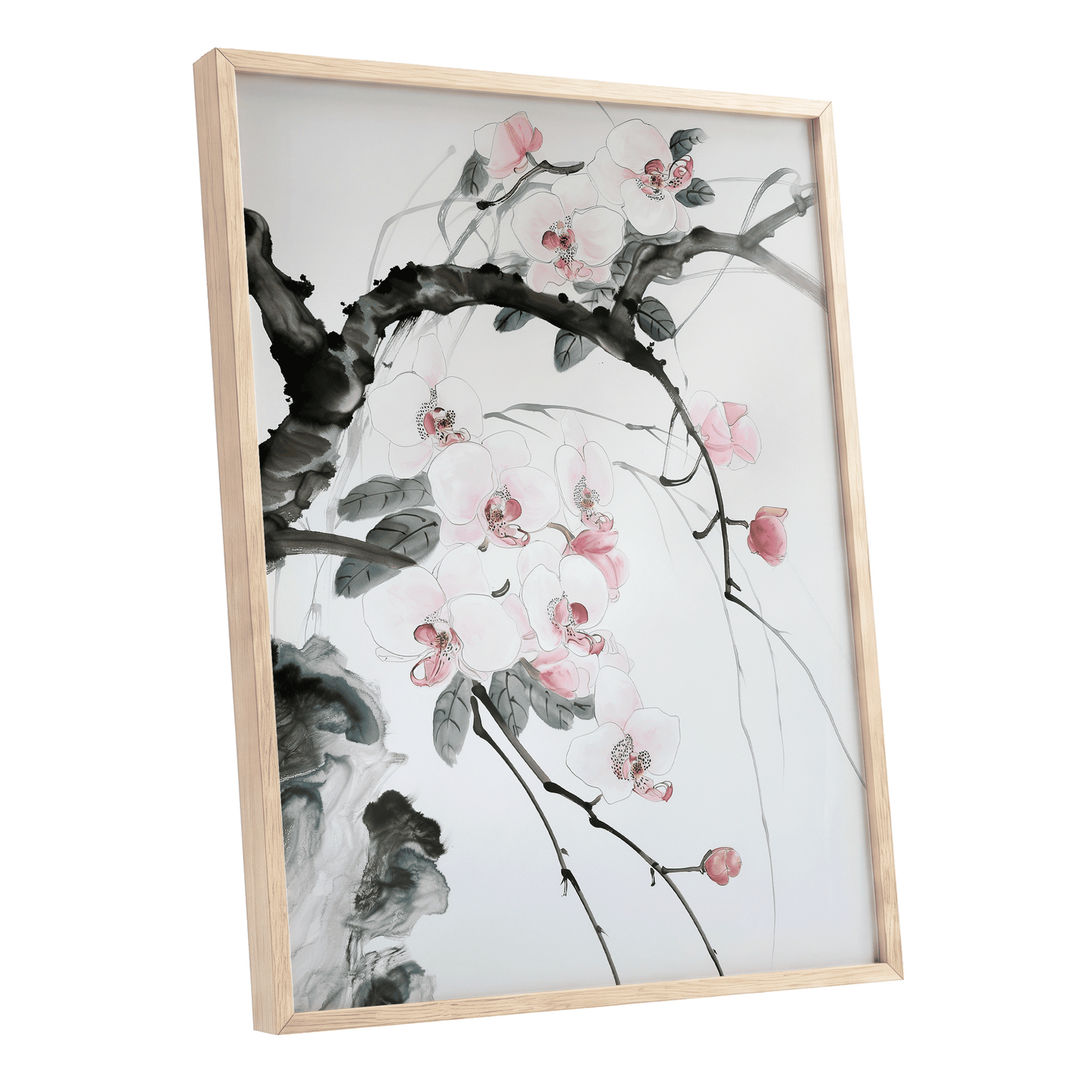 Orchid Drift, white, pink, black floral wall art shown as a oak framed poster wall art print