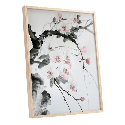 Orchid Drift, white, pink, black floral wall art shown as a oak framed poster wall art print