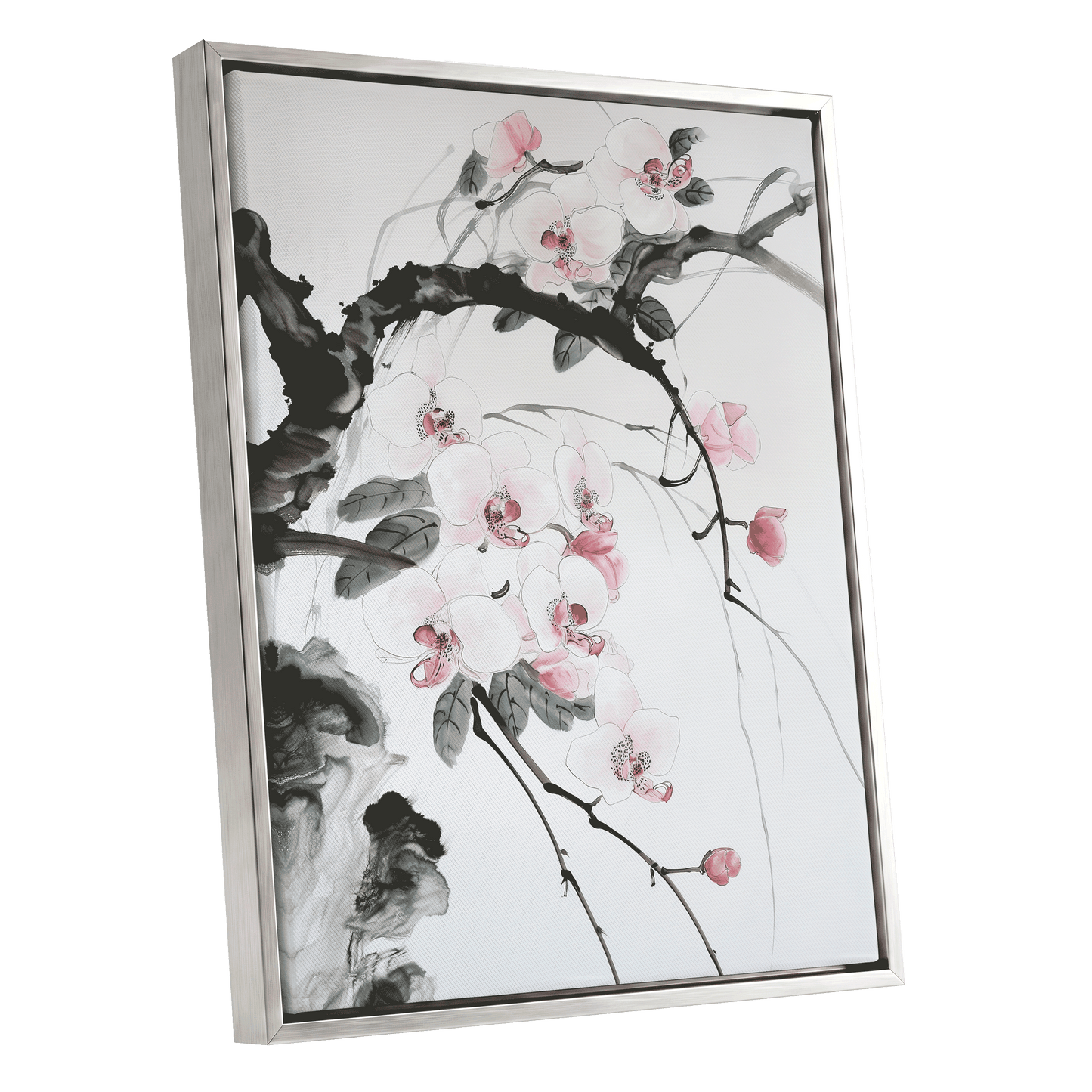 Orchid Drift, white, pink, black floral wall art shown as a silver framed canvas wall art