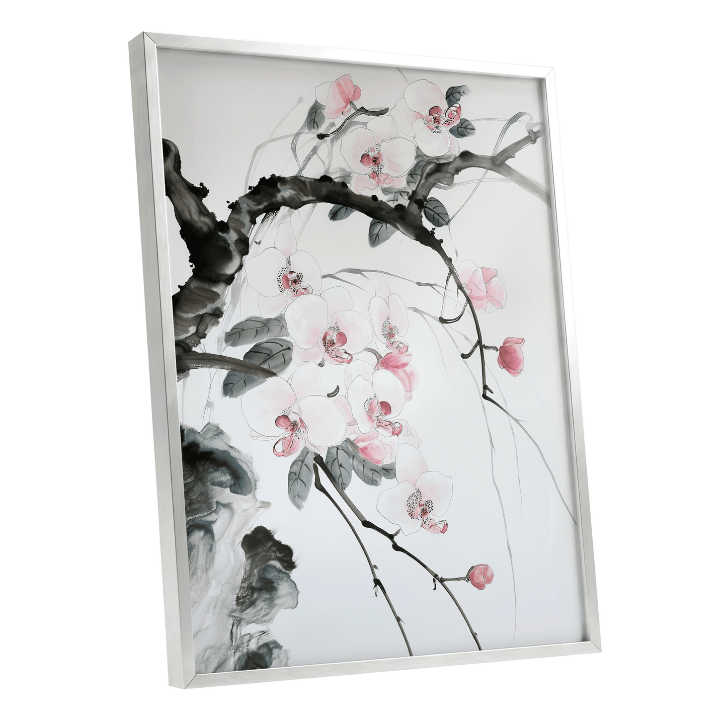 Orchid Drift, white, pink, black floral wall art shown as a silver framed poster wall art print