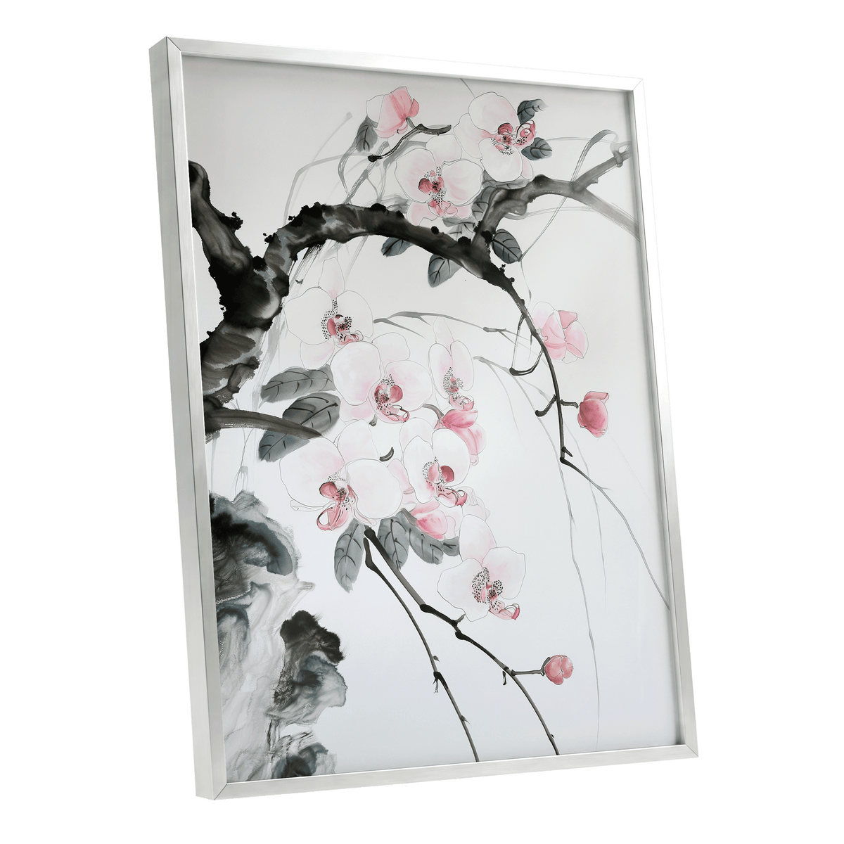 Orchid Drift, white, pink, black floral wall art shown as a silver framed poster wall art print