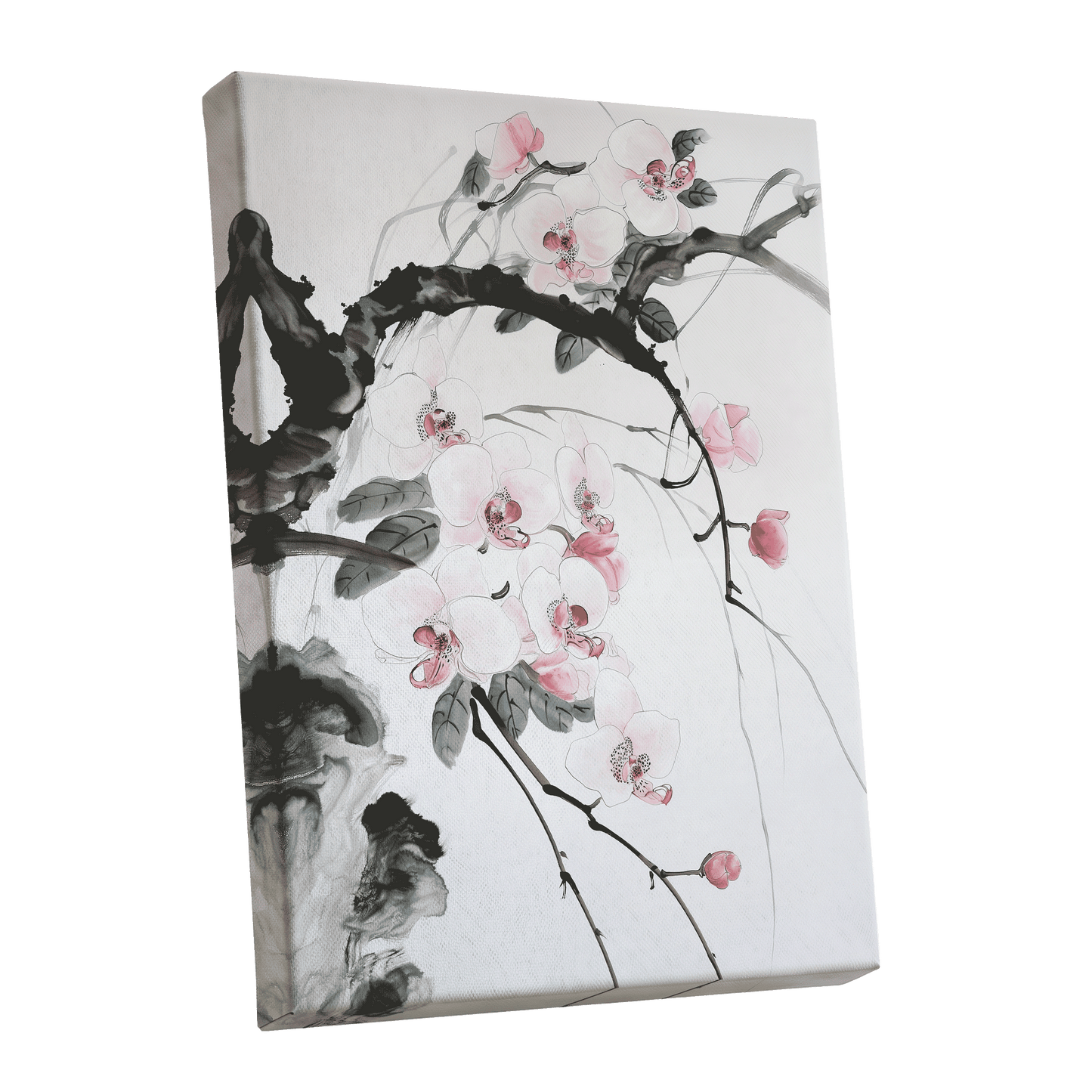 Orchid Drift, white, pink, black floral wall art shown as a stretched canvas wall art
