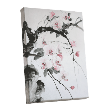 Orchid Drift, white, pink, black floral wall art shown as a stretched canvas wall art