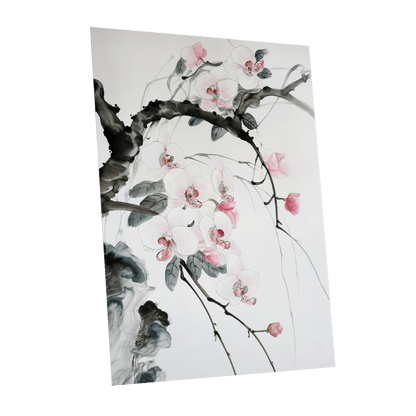 Orchid Drift, white, pink, black floral wall art shown as a unframed poster wall art print