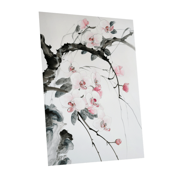 Orchid Drift, white, pink, black floral wall art shown as a unframed poster wall art print