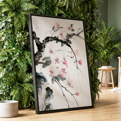Orchid Drift, white, pink, black floral wall art displayed in a styled interior, gallery view 1