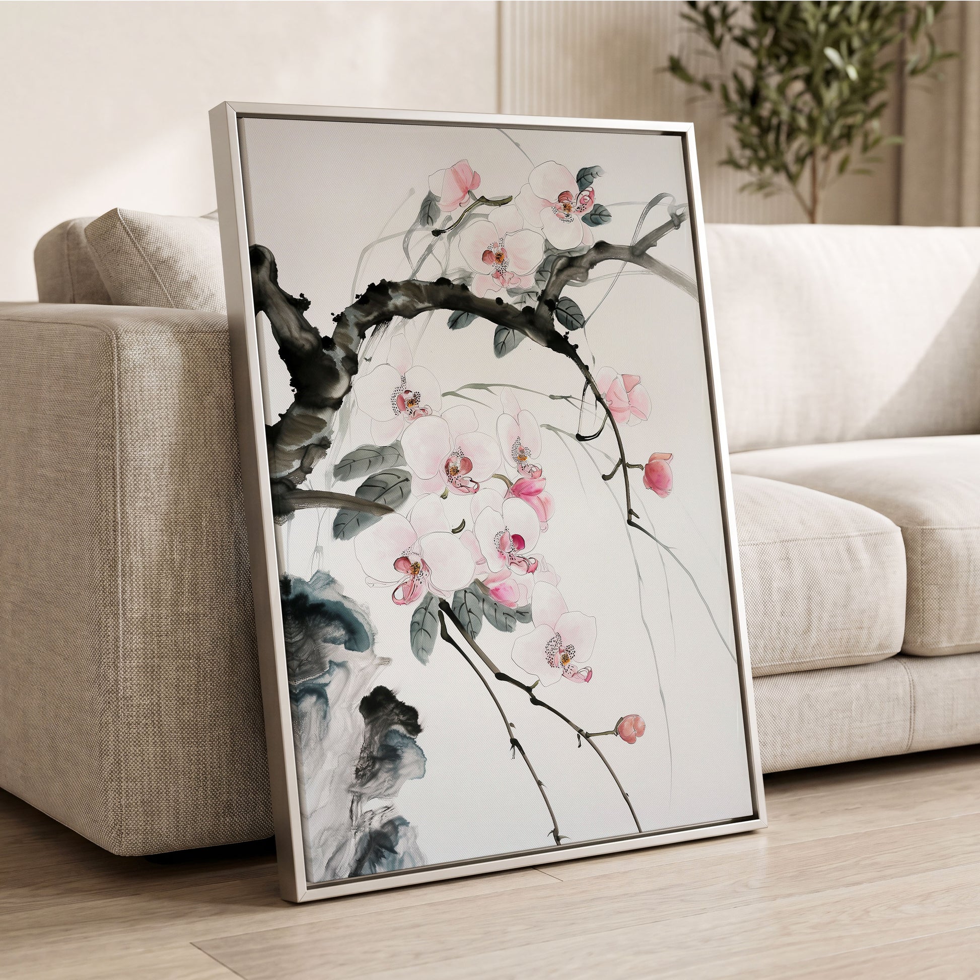 Orchid Drift, white, pink, black floral wall art displayed in a styled interior, gallery view 2