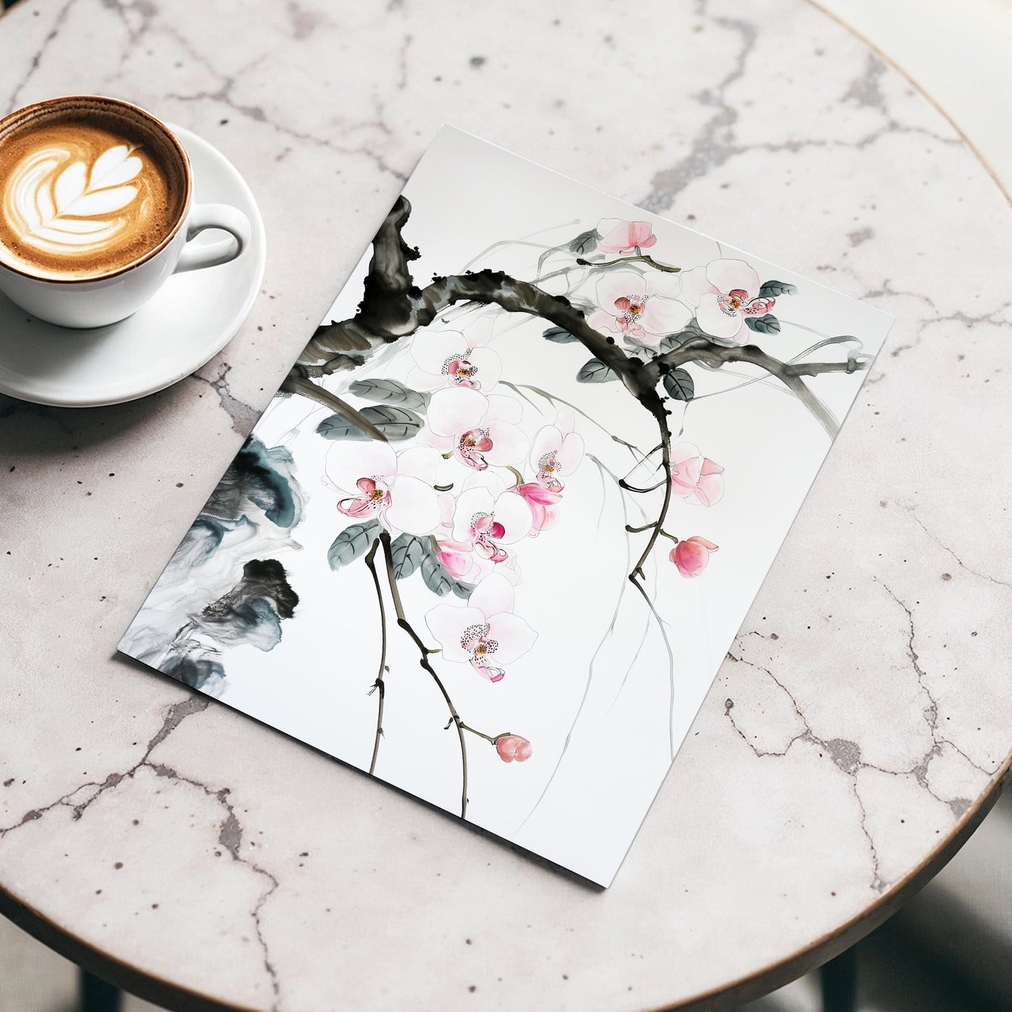 Orchid Drift, white, pink, black floral wall art displayed in a styled interior, gallery view 3