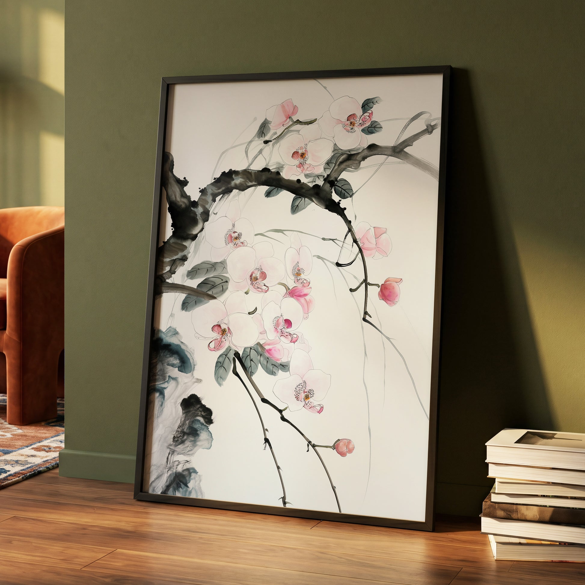 Orchid Drift, white, pink, black floral wall art displayed in a styled interior, gallery view 4