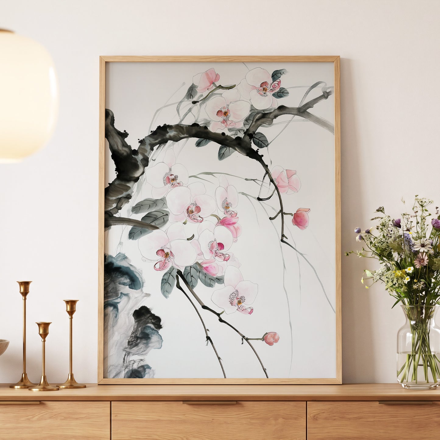 Orchid Drift, white, pink, black floral wall art displayed in a styled interior, gallery view 5