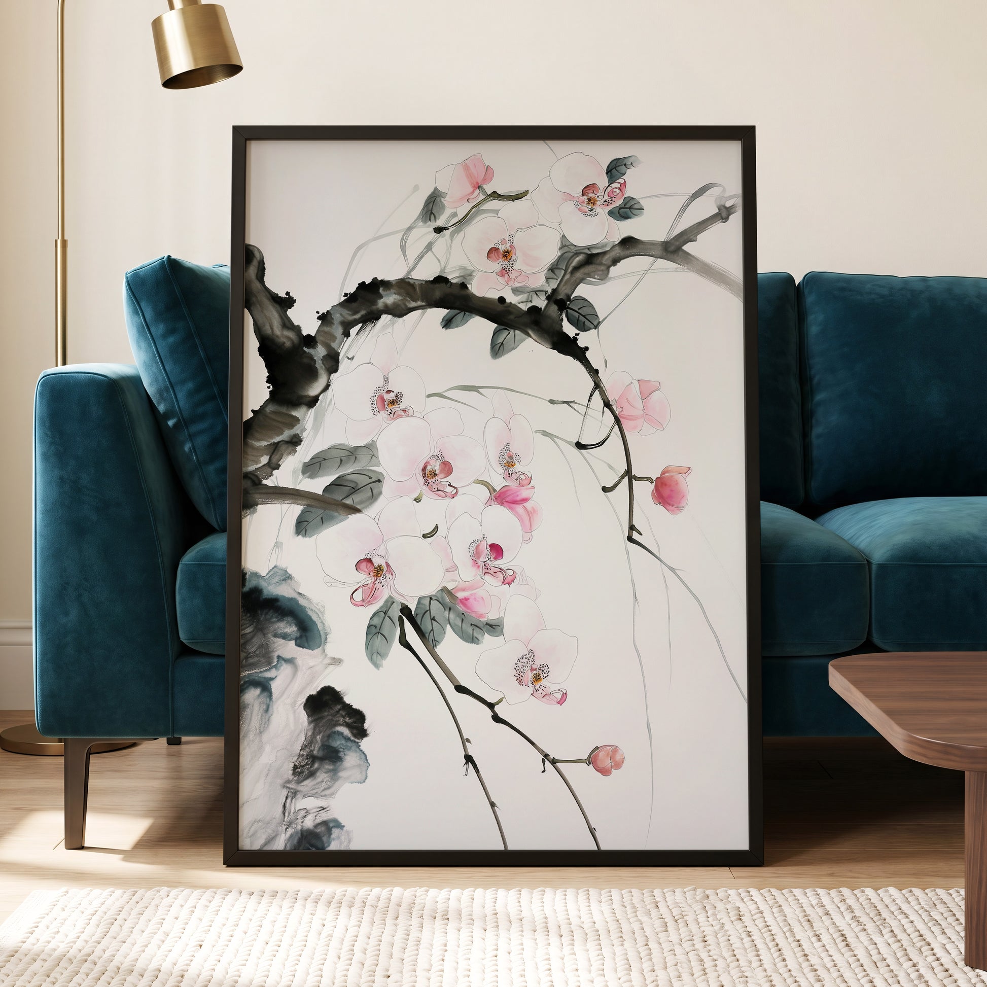 Orchid Drift, white, pink, black floral wall art displayed in a styled interior, gallery view 6