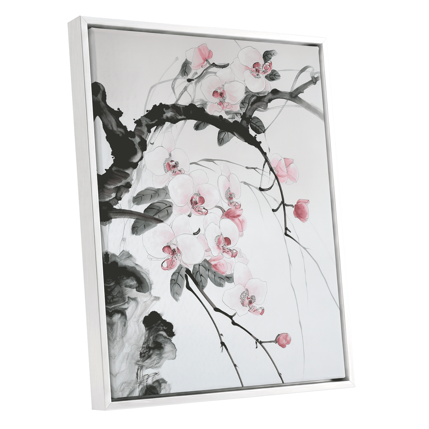 Orchid Drift, white, pink, black floral wall art shown as a white framed canvas wall art