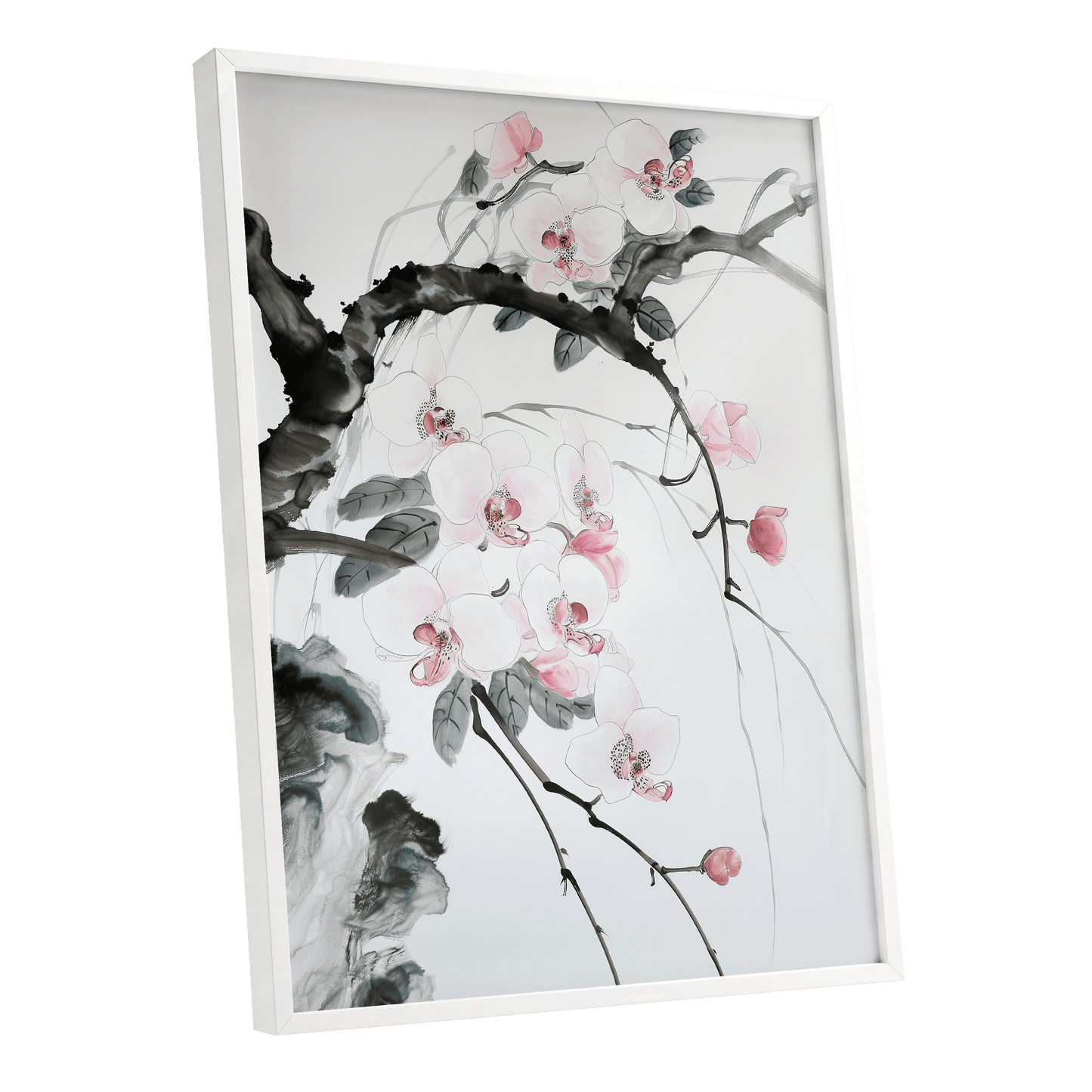 Orchid Drift, white, pink, black floral wall art shown as a white framed poster wall art print
