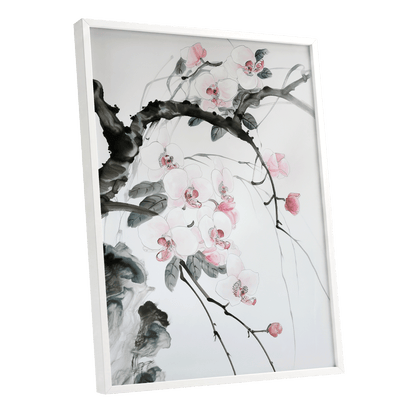 Orchid Drift, white, pink, black floral wall art shown as a white framed poster wall art print
