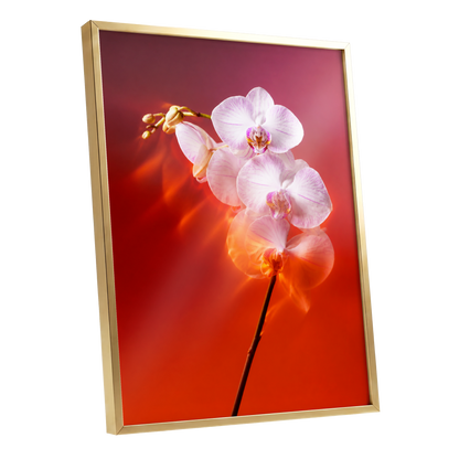 Orchid Ember, white, pink, red floral wall art shown as a gold framed poster wall art print
