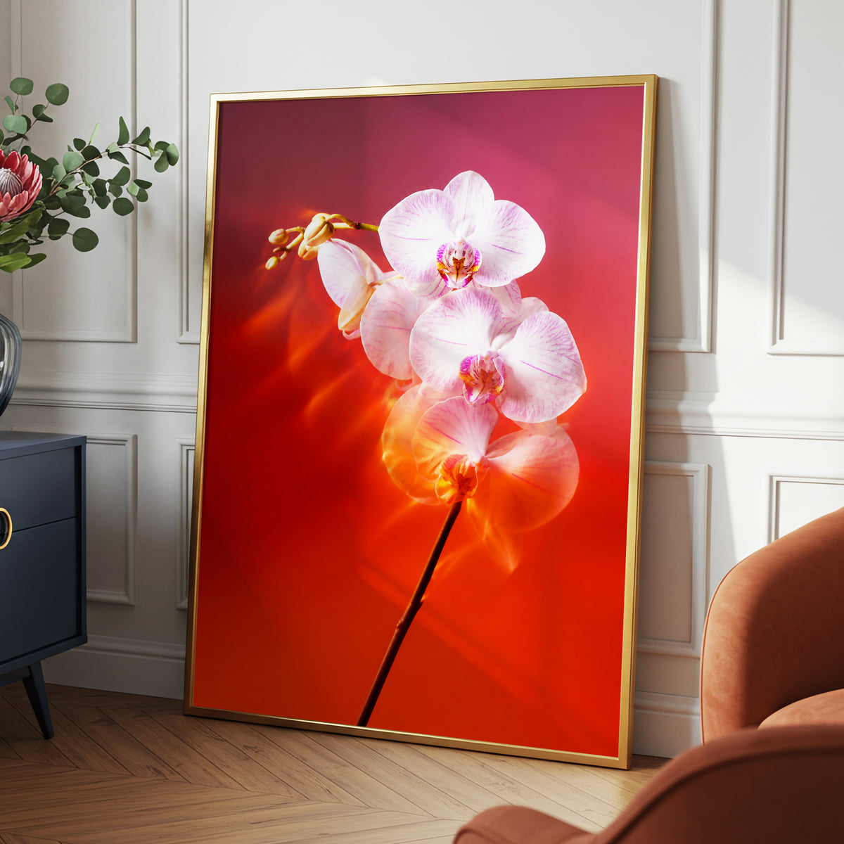 Orchid Ember, white, pink, red floral wall art displayed in a styled interior, gallery view 2