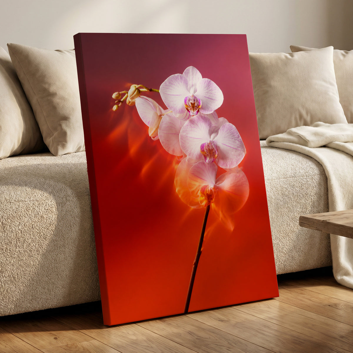 Orchid Ember, white, pink, red floral wall art displayed in a styled interior, gallery view 3