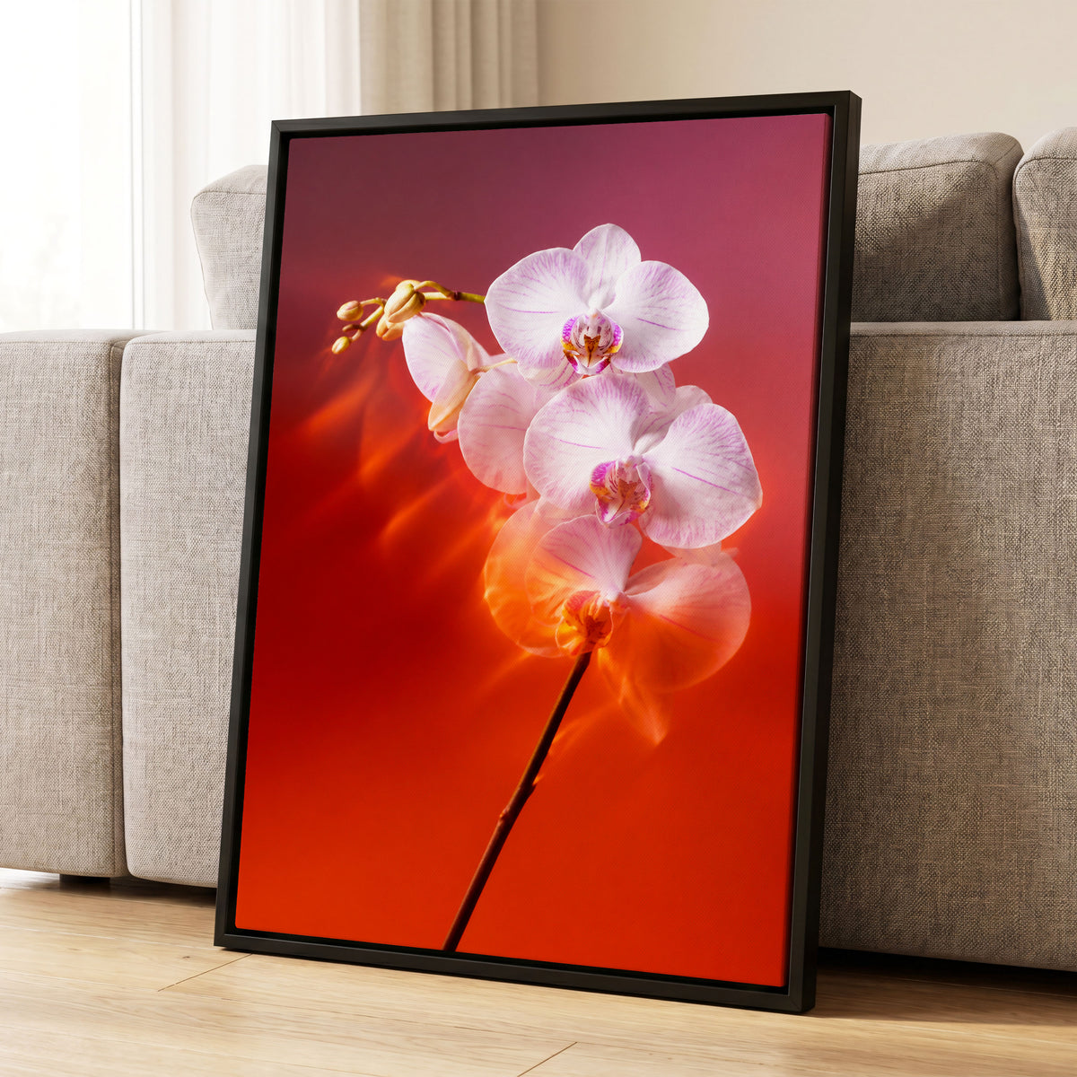 Orchid Ember, white, pink, red floral wall art displayed in a styled interior, gallery view 4