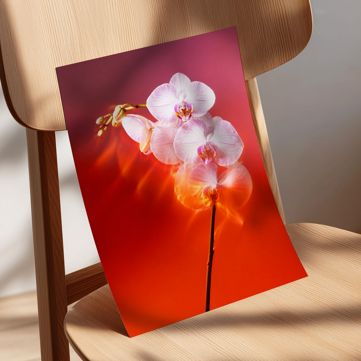 Orchid Ember, white, pink, red floral wall art displayed in a styled interior, gallery view 5