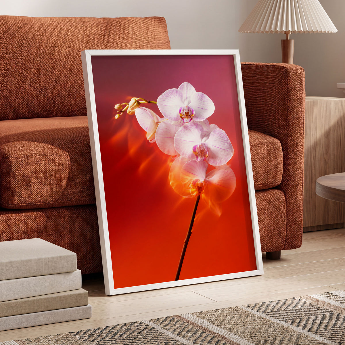 Orchid Ember, white, pink, red floral wall art displayed in a styled interior, gallery view 6