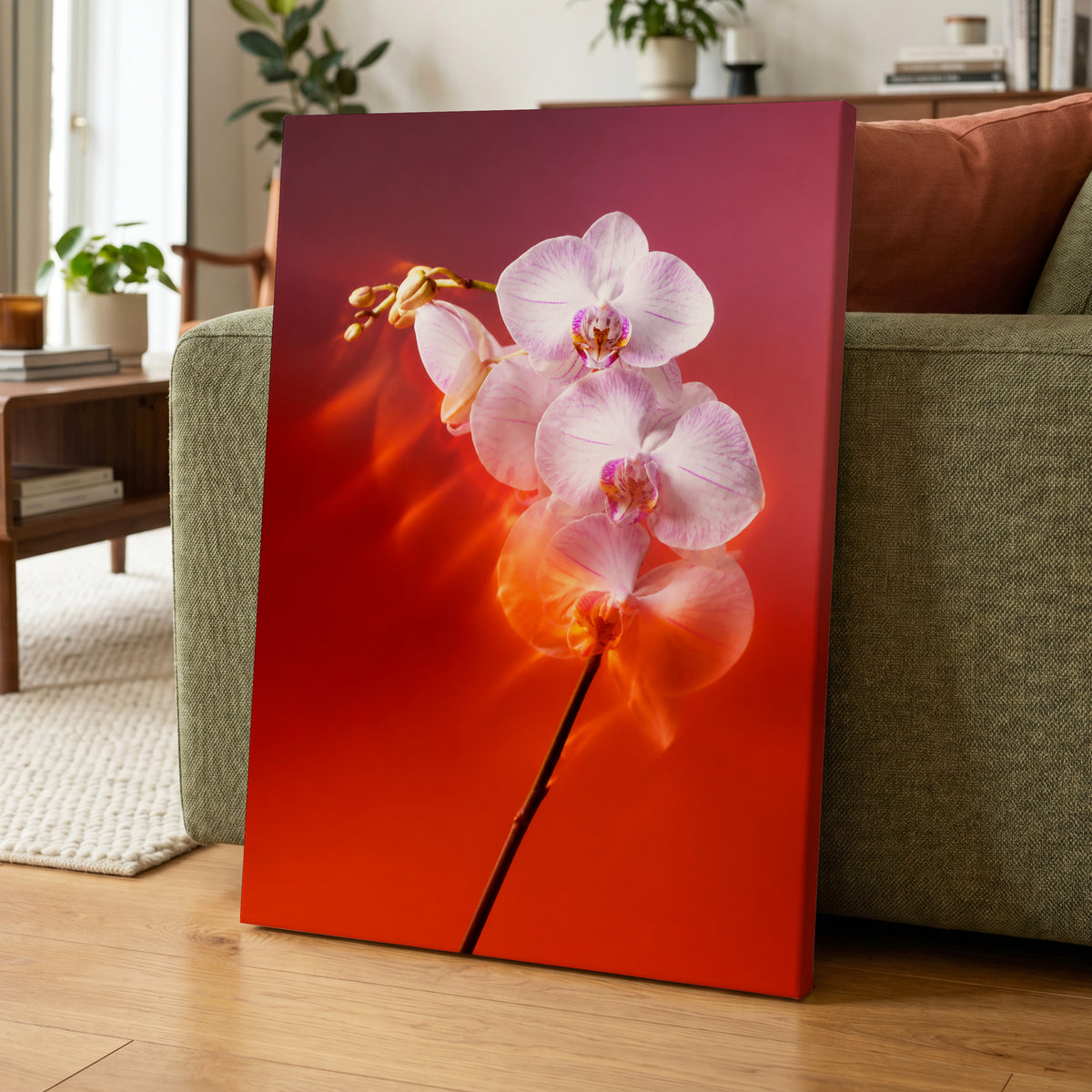 Orchid Ember, white, pink, red floral wall art displayed in a styled interior, gallery view 7