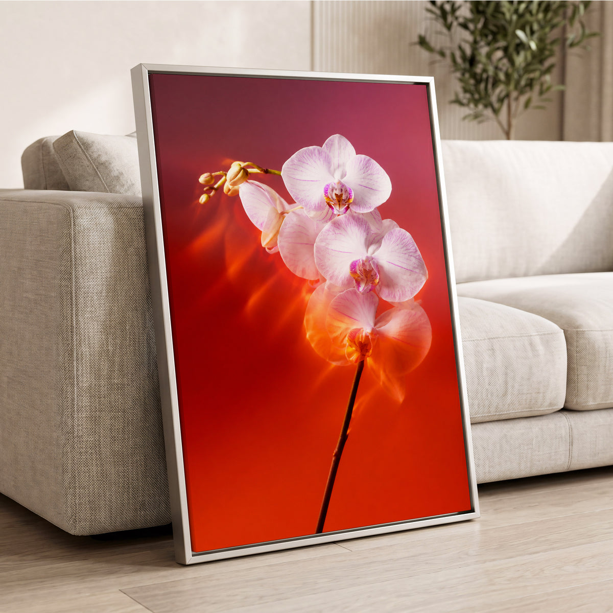 Orchid Ember, white, pink, red floral wall art displayed in a styled interior, gallery view 8