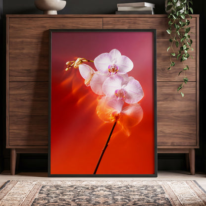 Orchid Ember, white, pink, red floral wall art displayed in a styled interior, gallery view 9