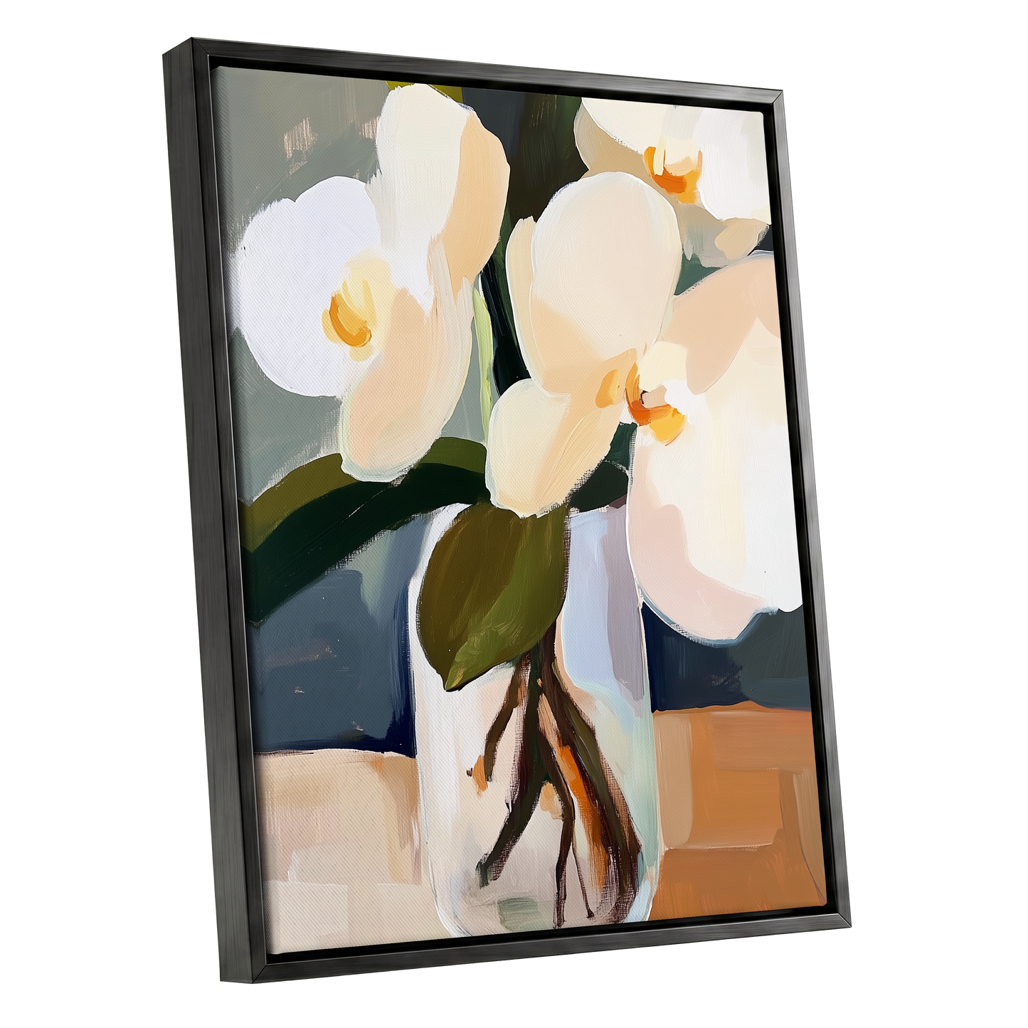 Orchid Reverie, white, beige, green floral wall art shown as a black framed canvas wall art