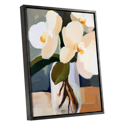 Orchid Reverie, white, beige, green floral wall art shown as a black framed canvas wall art