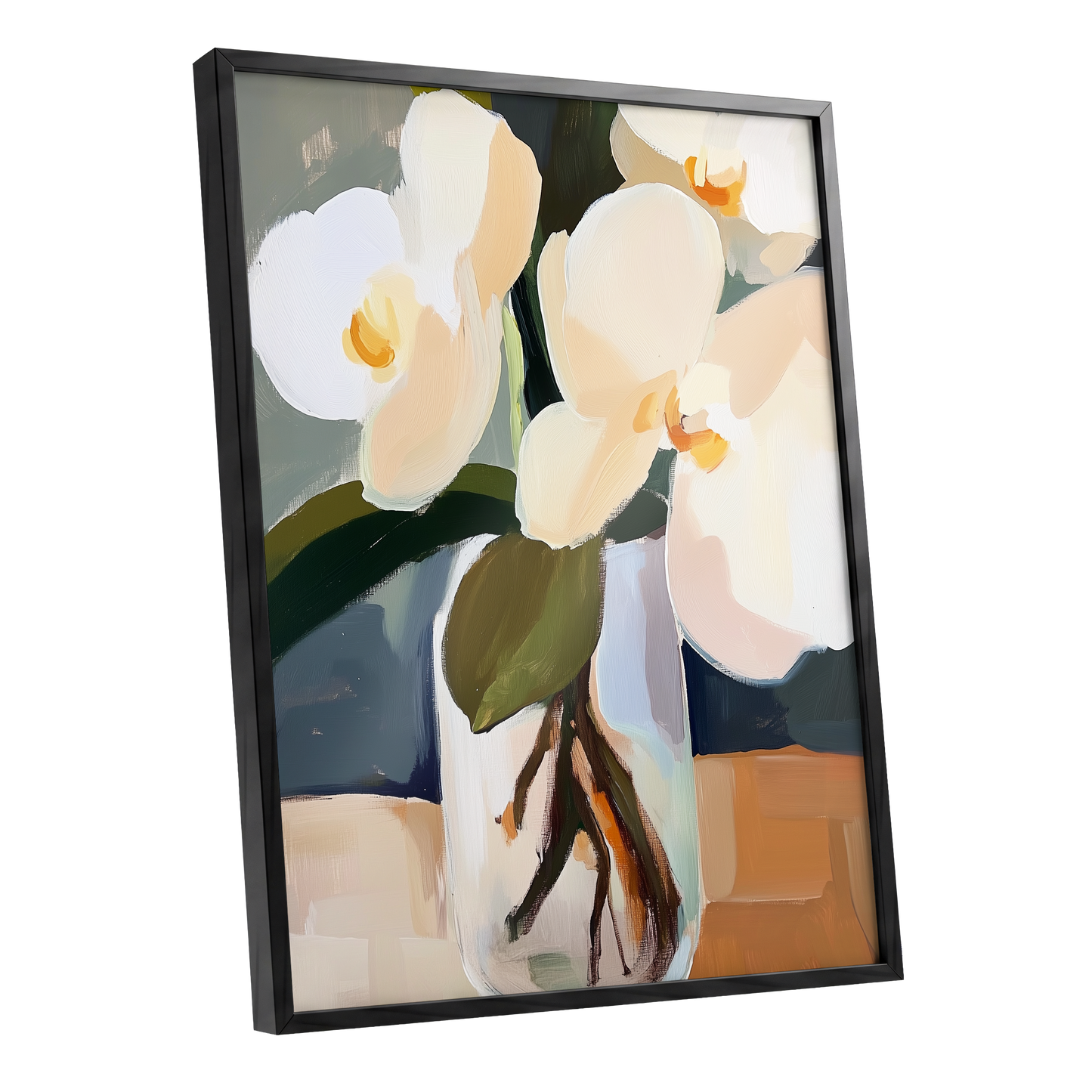 Orchid Reverie, white, beige, green floral wall art shown as a black framed poster wall art print