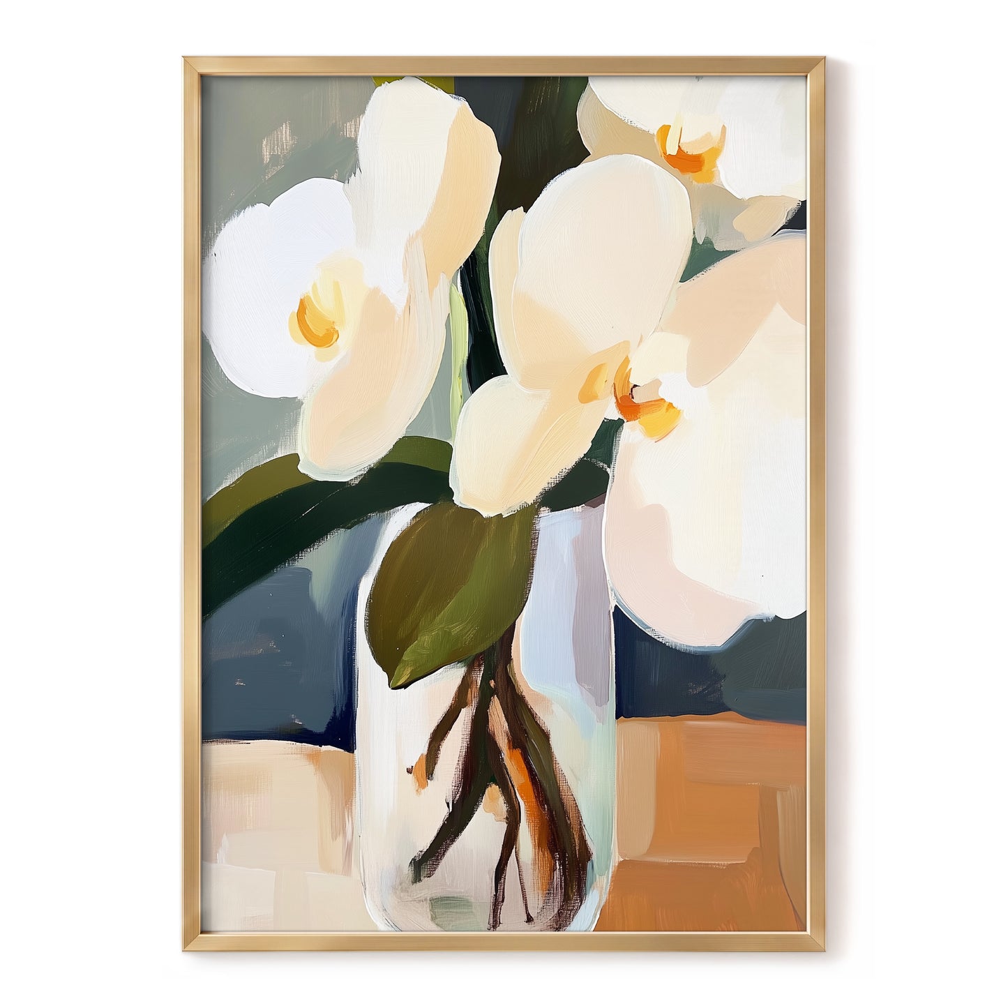 Orchid Reverie, white, beige, green floral wall art, front artwork view