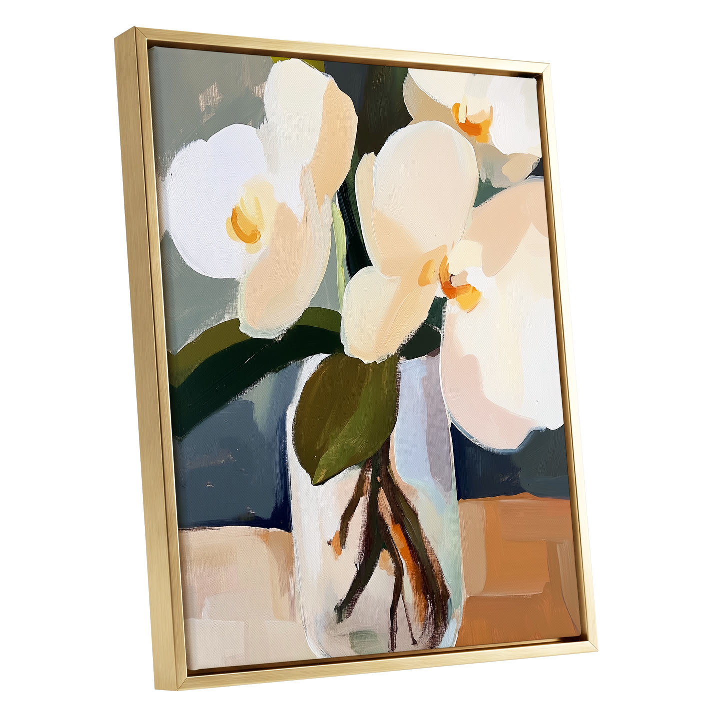 Orchid Reverie, white, beige, green floral wall art shown as a gold framed canvas wall art