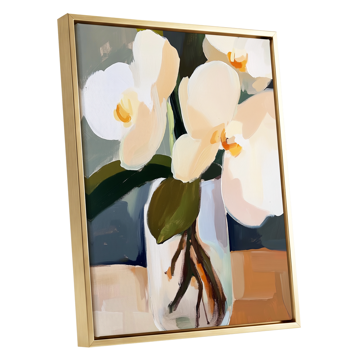 Orchid Reverie, white, beige, green floral wall art shown as a gold framed canvas wall art