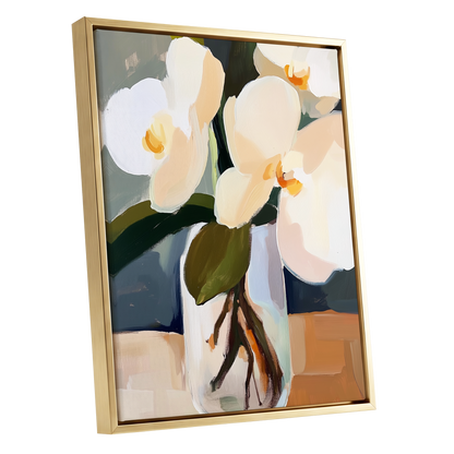 Orchid Reverie, white, beige, green floral wall art shown as a gold framed canvas wall art