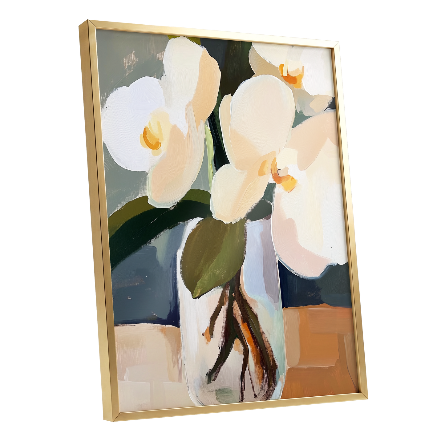 Orchid Reverie, white, beige, green floral wall art shown as a gold framed poster wall art print
