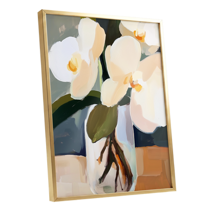 Orchid Reverie, white, beige, green floral wall art shown as a gold framed poster wall art print