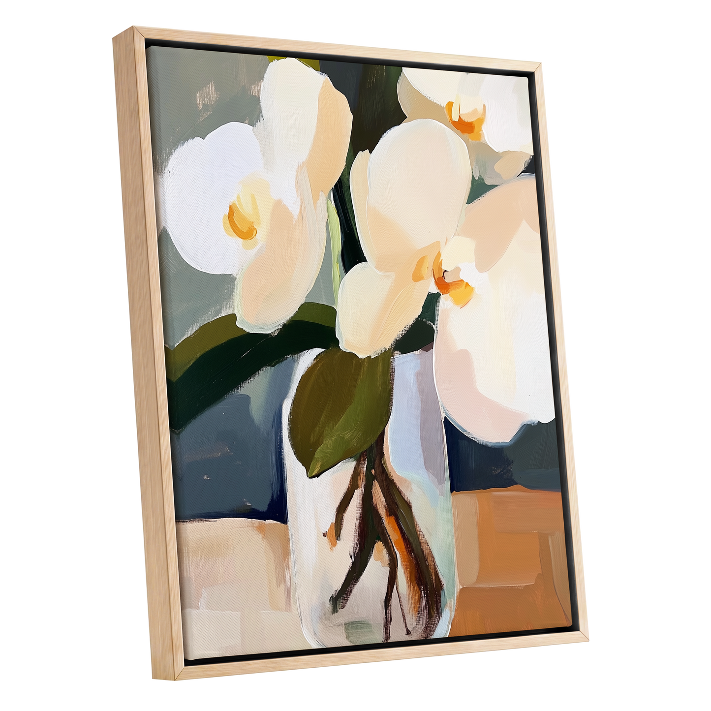 Orchid Reverie, white, beige, green floral wall art shown as a oak framed canvas wall art